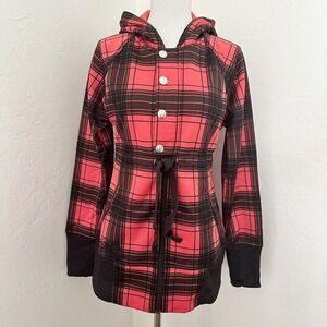 Burton Jacket Womens Small Dry Ride Hooded Red Buffalo Plaid Fleece Lined Zip Up